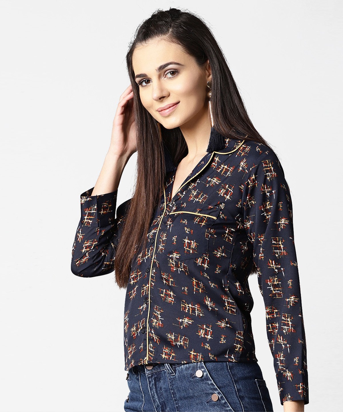 Women's Navy Blue Front Placket Printed Top With Notched Collar & Full Sleeve - Nayo Clothing