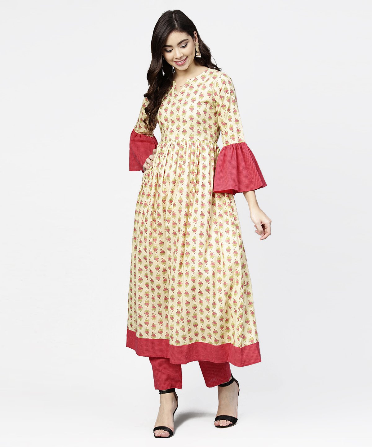 Women's Off White Printed Full Sleeve Cotton Anarkali Kurta With Pink Ankle Length Palazzo - Nayo Clothing