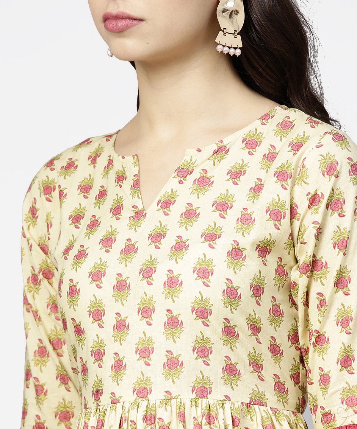 Women's Off White Printed Full Sleeve Cotton Anarkali Kurta With Pink Ankle Length Palazzo - Nayo Clothing