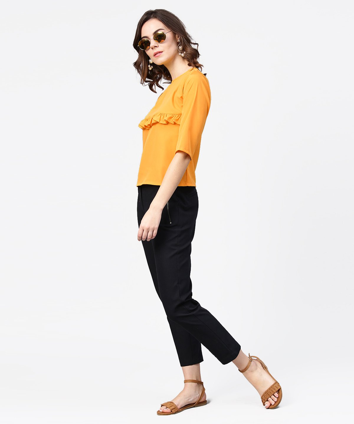 Women's Yellow 3/4Th Sleeve Ruffle Tops - Nayo Clothing