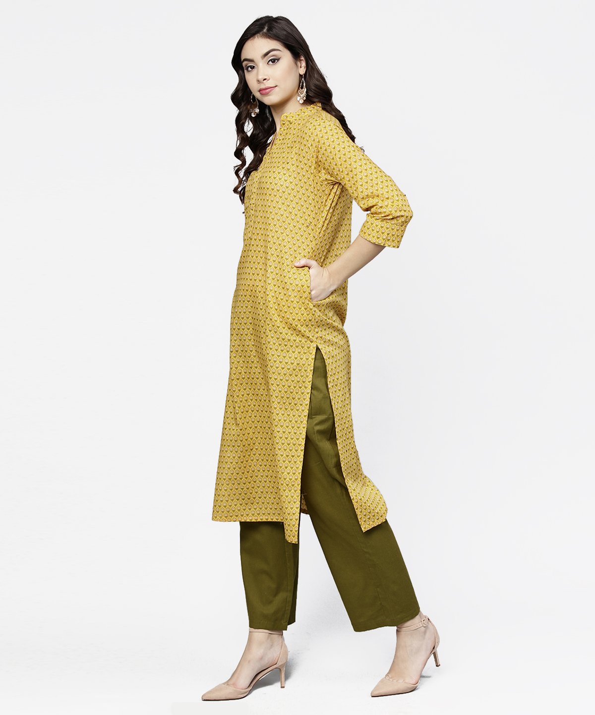 Women's Yellow 3/4Th Sleeve Printed Cotton Straight Kurta Green Ankle Length Pallazo - Nayo Clothing