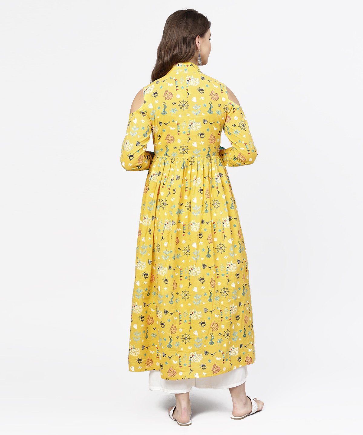 Women's Yellow Printed 3/4Th Cold Shoulder Sleeve Cotton Kurta - Nayo Clothing