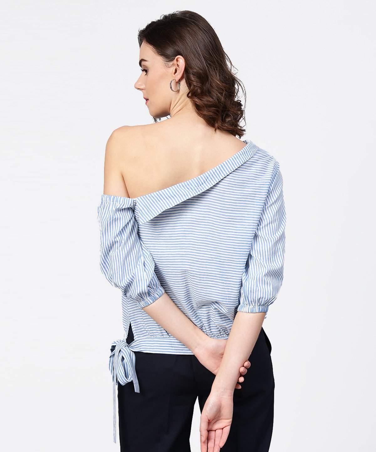 Women's Blue Striped Half One Side Off Shoulder Cotton Tops - Nayo Clothing
