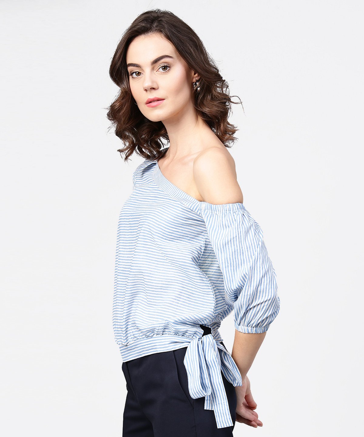 Women's Blue Striped Half One Side Off Shoulder Cotton Tops - Nayo Clothing