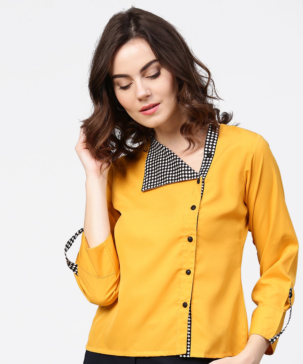 Women's Yellow Full Sleeve Crepe Front Open Tops - Nayo Clothing