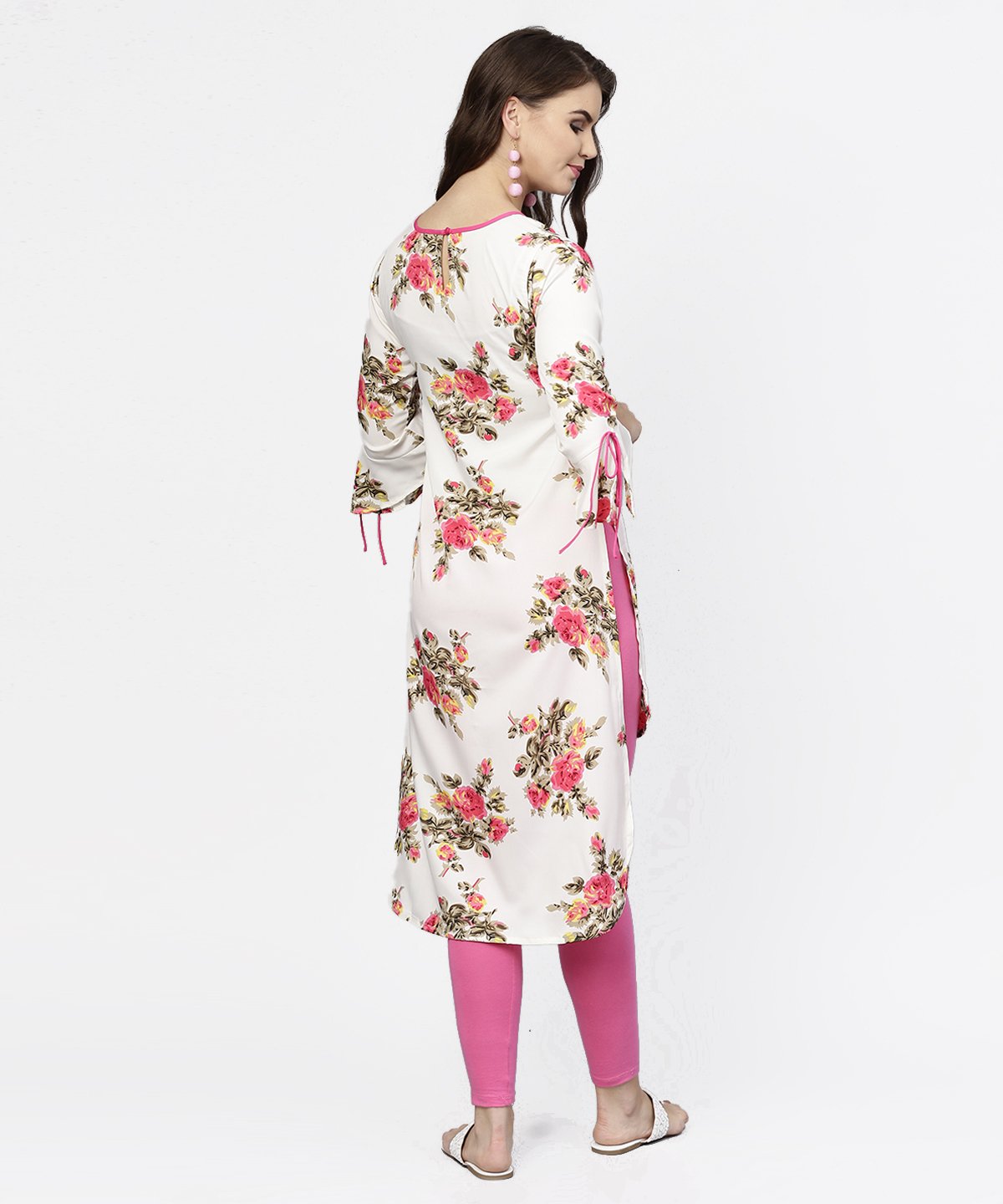 Women's Off White Flower Print 3/4Th Sleeve Crepe Low High Kurta - Nayo Clothing