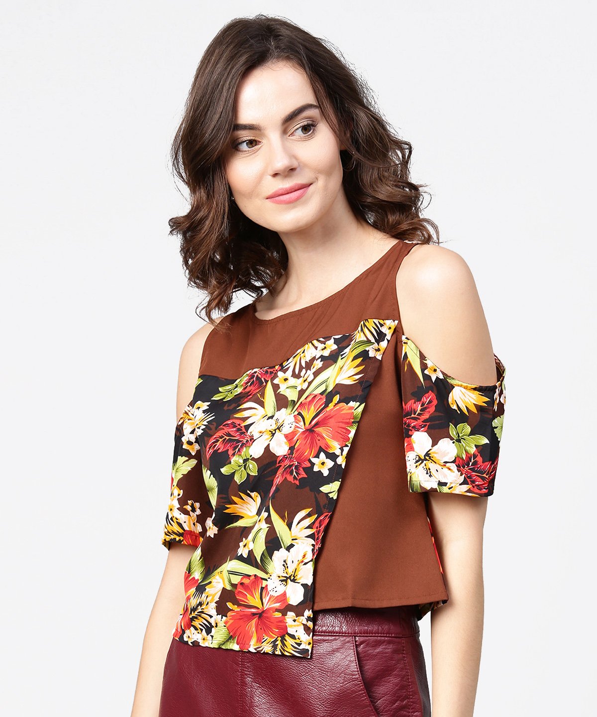 Women's Coffee Brown Printed Short Cold Shoulder Crepe Tops - Nayo Clothing
