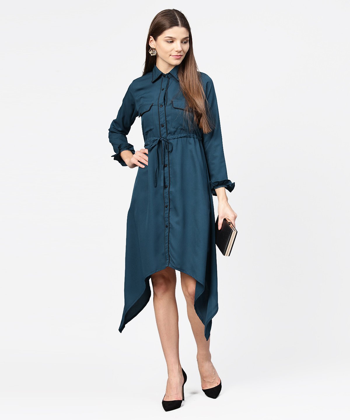 Women's Blue Full Sleeve Crepe Front Open Dress With Front Pocket And Belt - Nayo Clothing