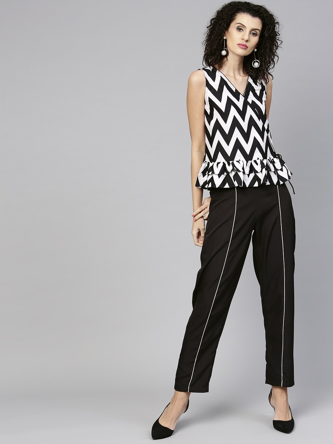 Women's Black & White Printed Top With Trouser - Nayo Clothing