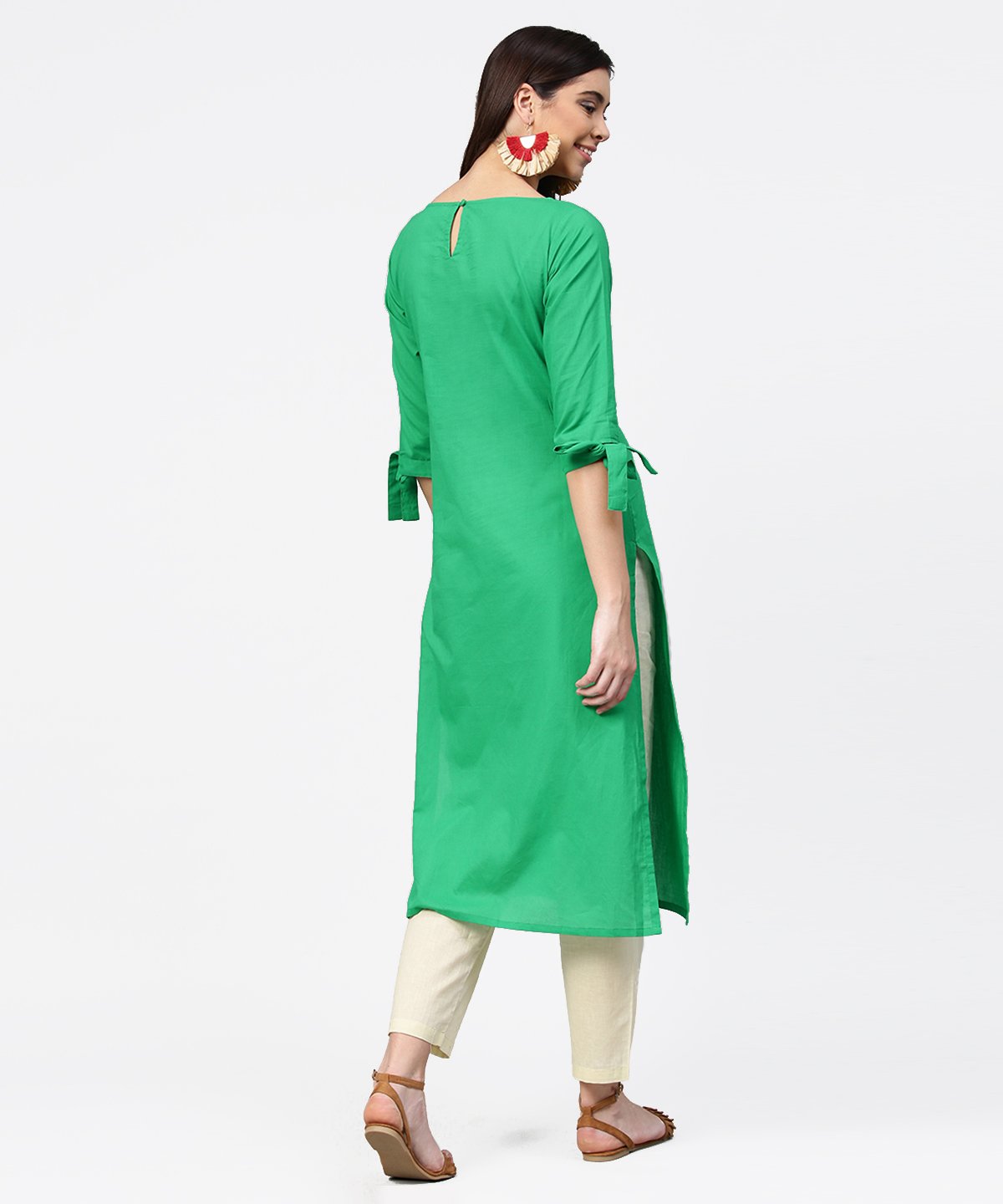 Women's Green Yoke Printed Half Sleeve Cotton Kurta With Cream Ankle Length Pallazo - Nayo Clothing