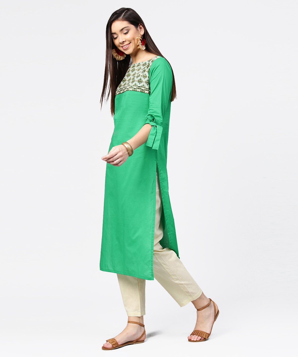 Women's Green Yoke Printed Half Sleeve Cotton Kurta With Cream Ankle Length Pallazo - Nayo Clothing