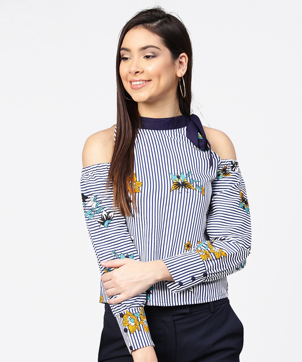 Women's Blue Striped Flower Print Full Sleeve Cold Shoulder Top - Nayo Clothing