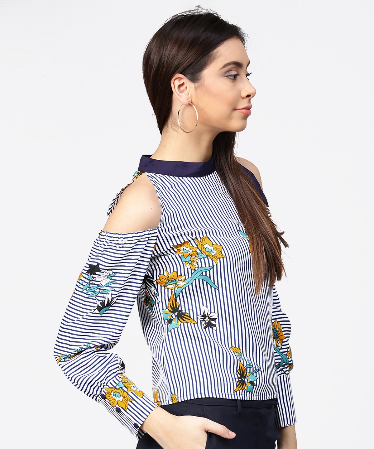 Women's Blue Striped Flower Print Full Sleeve Cold Shoulder Top - Nayo Clothing