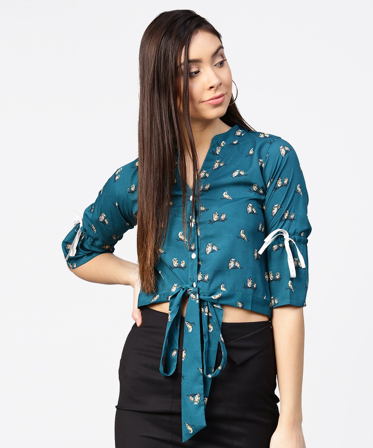Women's Teal Blue 3/4Th Sleeve Front Open Crop Top With Dori & Belt - Nayo Clothing