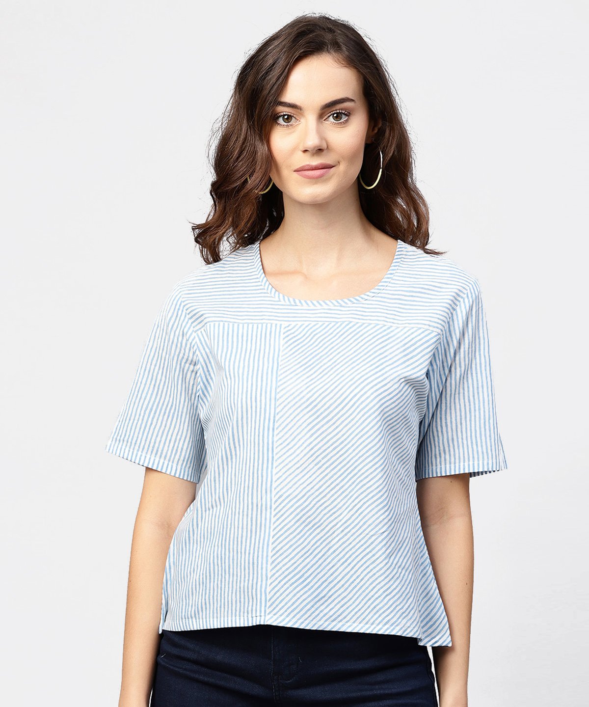 Women's Blue Striped Short Sleeve Top With Round Neck - Nayo Clothing