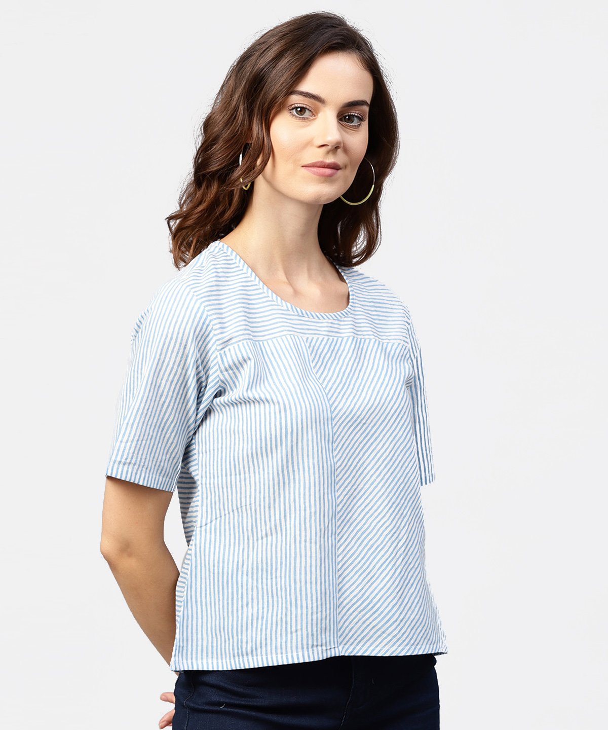 Women's Blue Striped Short Sleeve Top With Round Neck - Nayo Clothing