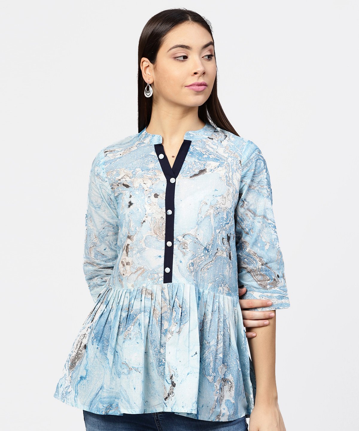 Women's Marble Printed Chinese Collared, Pleated Yoke With 3/4Th Sleeves Top - Nayo Clothing