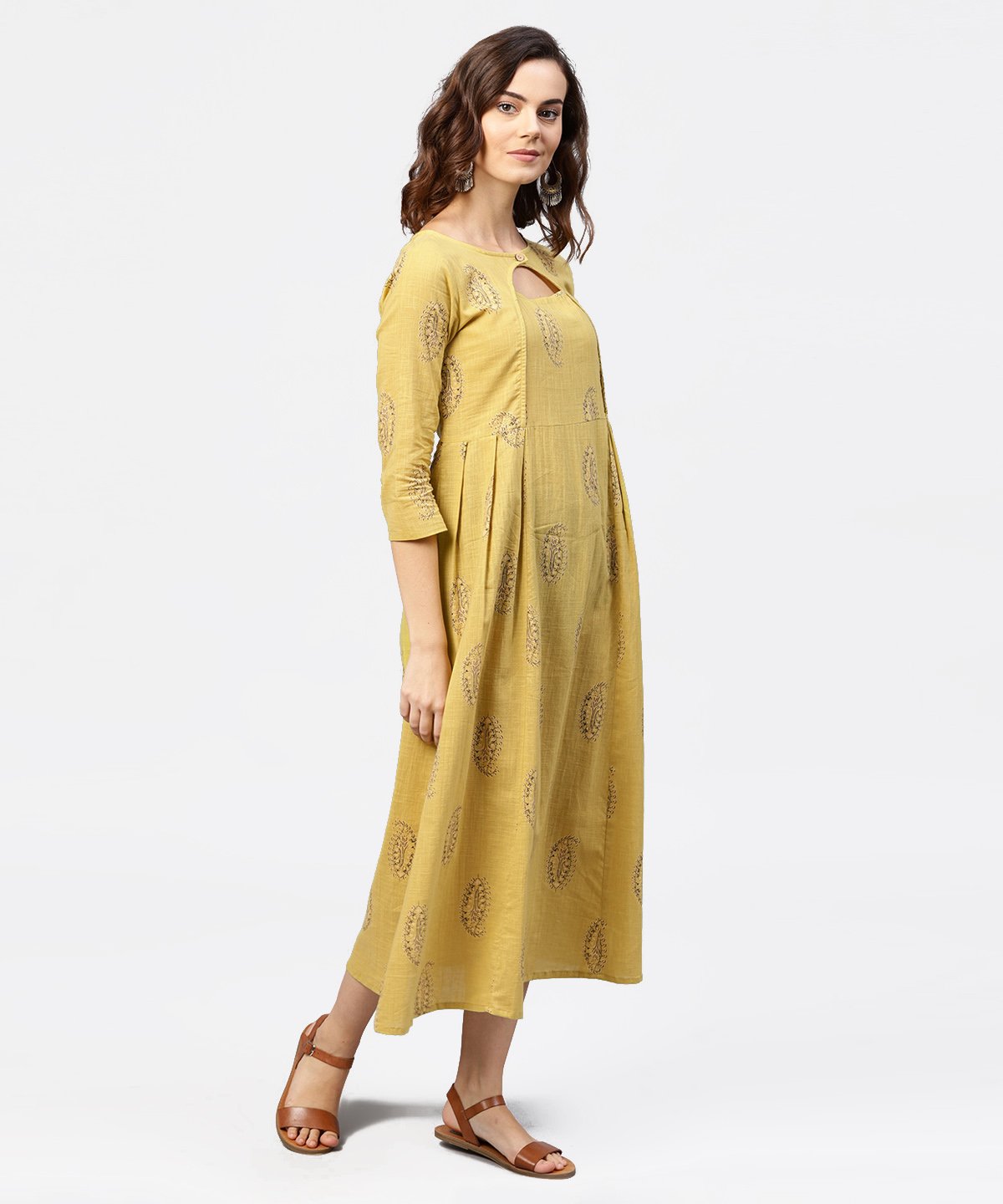 Women's Mustard Printed Round Neck With Loop And Button In Front, Pleated With 3/4Th Sleeves Dress - Nayo Clothing