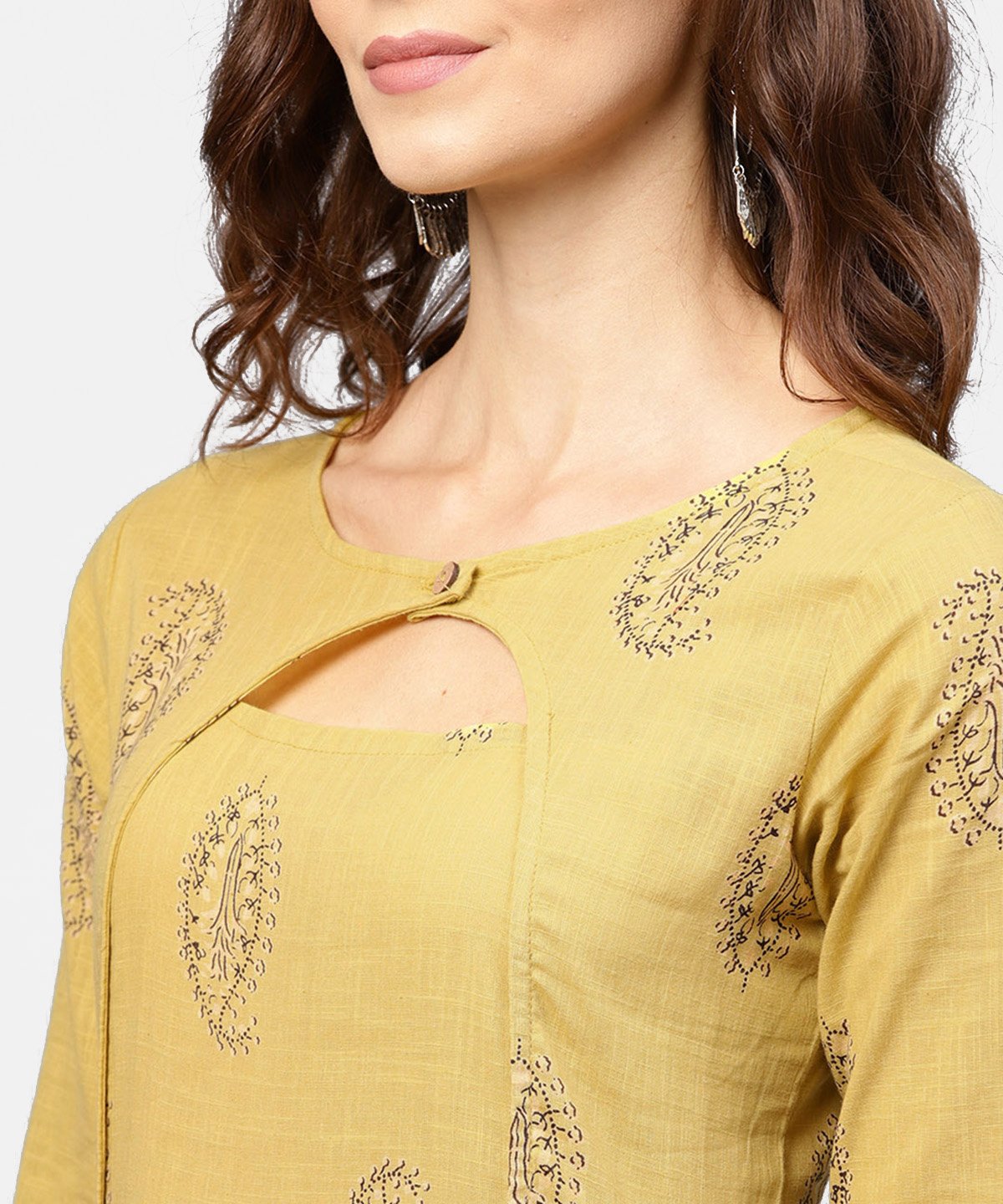 Women's Mustard Printed Round Neck With Loop And Button In Front, Pleated With 3/4Th Sleeves Dress - Nayo Clothing