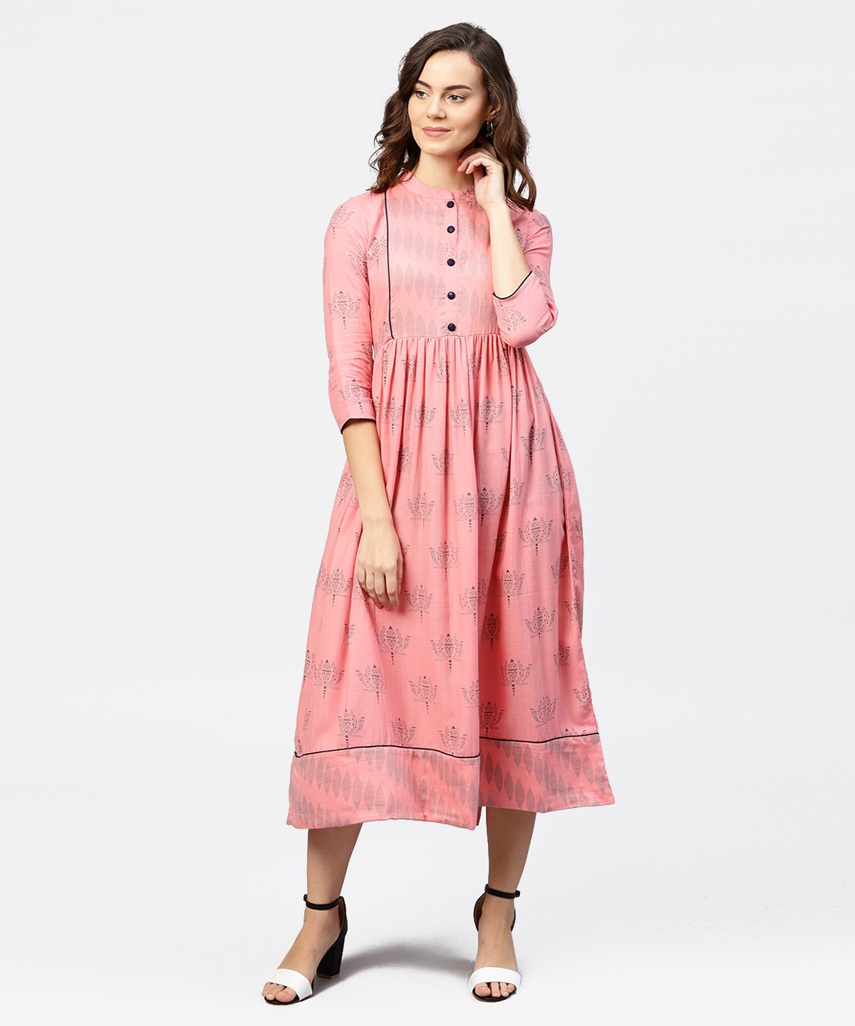 Women's Peach Printed Chinese Collared Front Open Placket Till Yoke With 3/4Th Sleeves Maxi Dress - Nayo Clothing