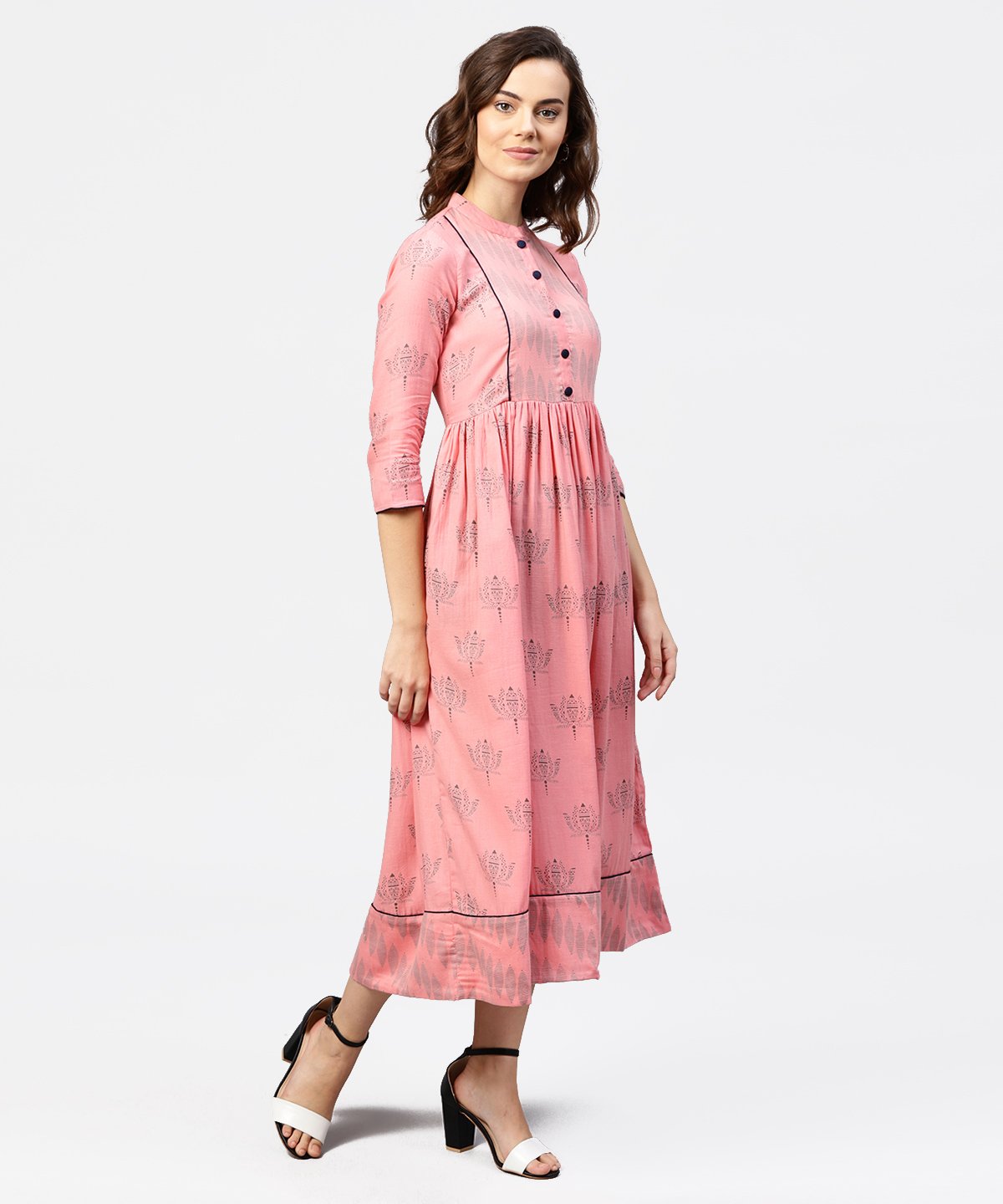 Women's Peach Printed Chinese Collared Front Open Placket Till Yoke With 3/4Th Sleeves Maxi Dress - Nayo Clothing