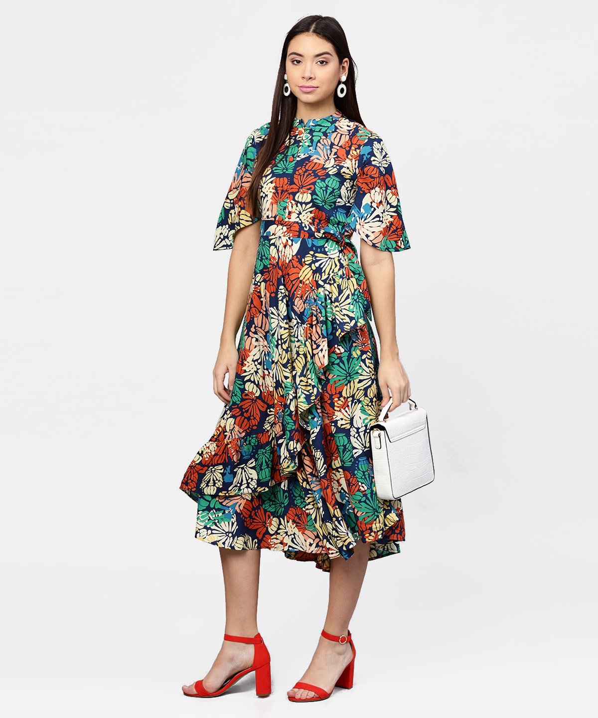 Women's Floral Printed Chinese Collared With Attached Belt And 3/4Th Sleeves Maxi Dress - Nayo Clothing