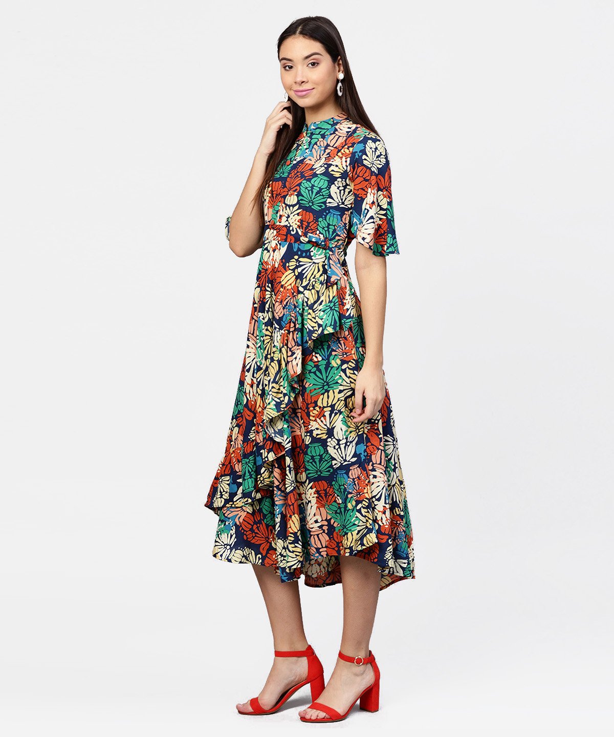 Women's Floral Printed Chinese Collared With Attached Belt And 3/4Th Sleeves Maxi Dress - Nayo Clothing