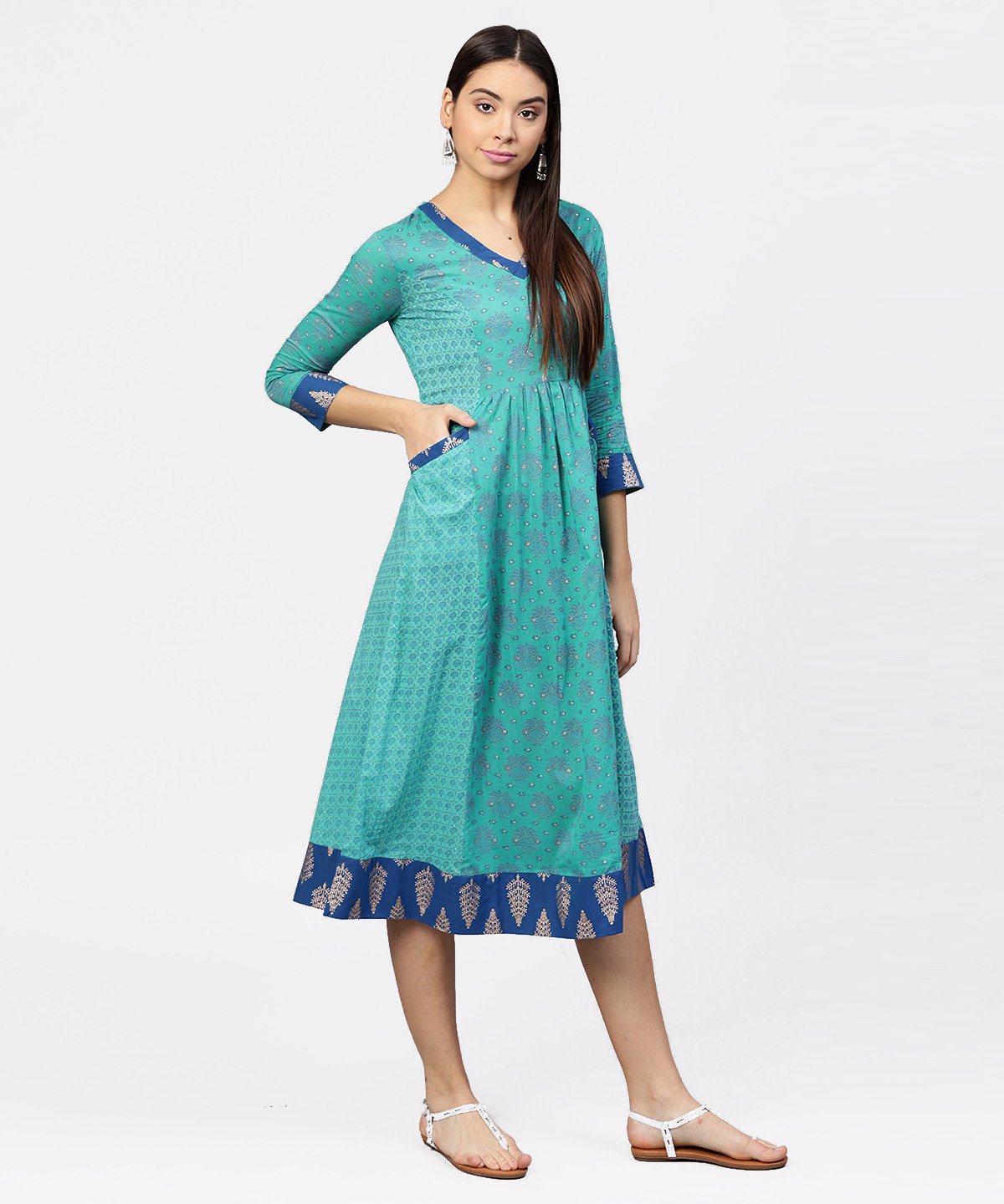 Women's Printed V-Neck Panelled With Patch Pockets And 3/4Th Sleeved Maxi Dress - Nayo Clothing