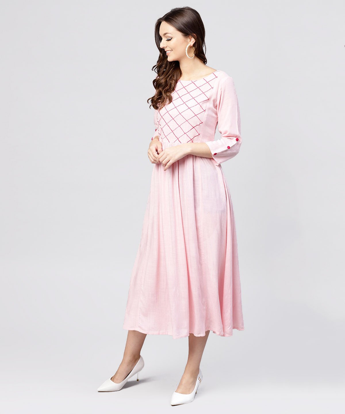 Women's Rayon Pink Embroidered Full Sleeves Pleated Maxi Dress - Nayo Clothing