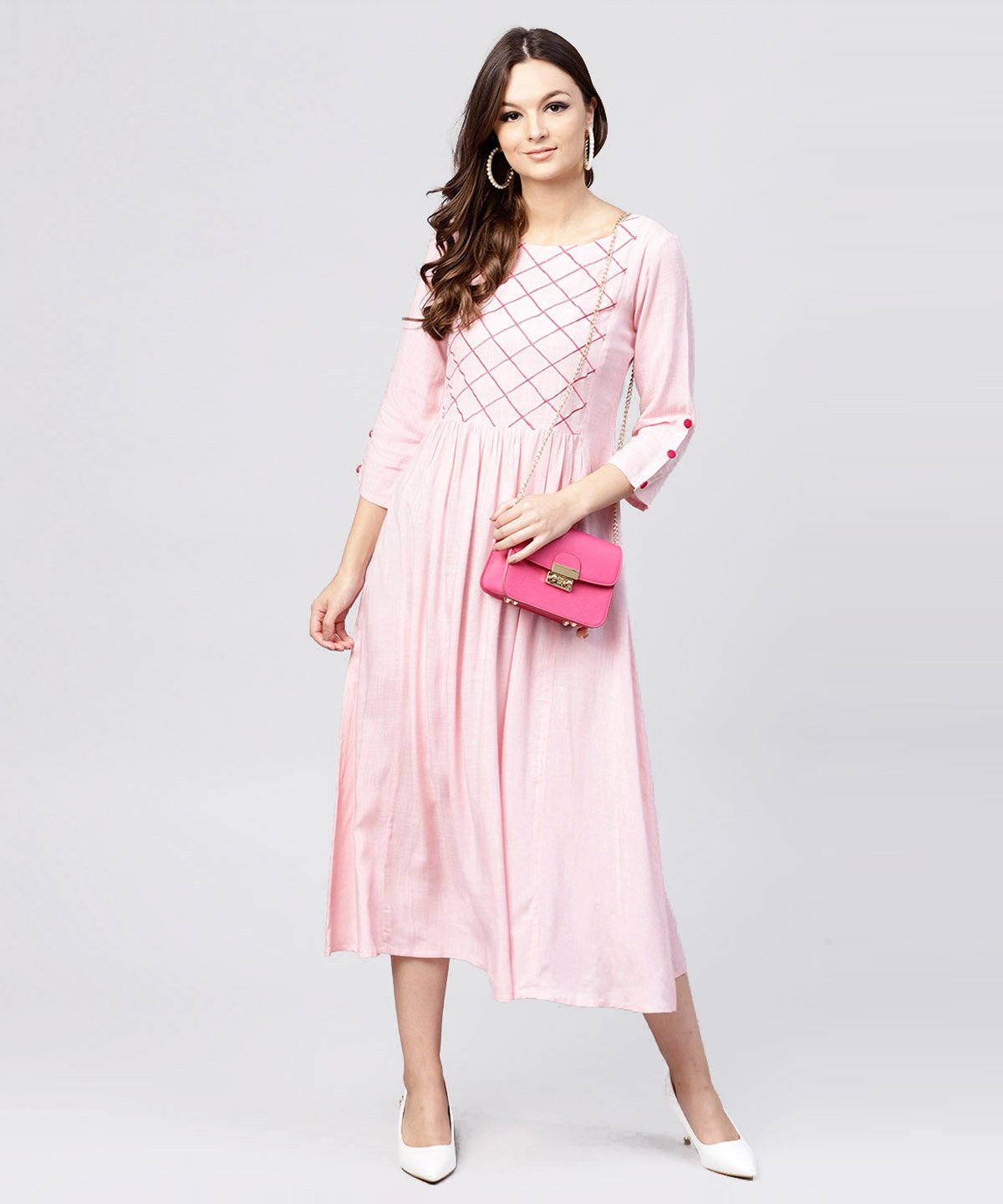 Women's Rayon Pink Embroidered Full Sleeves Pleated Maxi Dress - Nayo Clothing