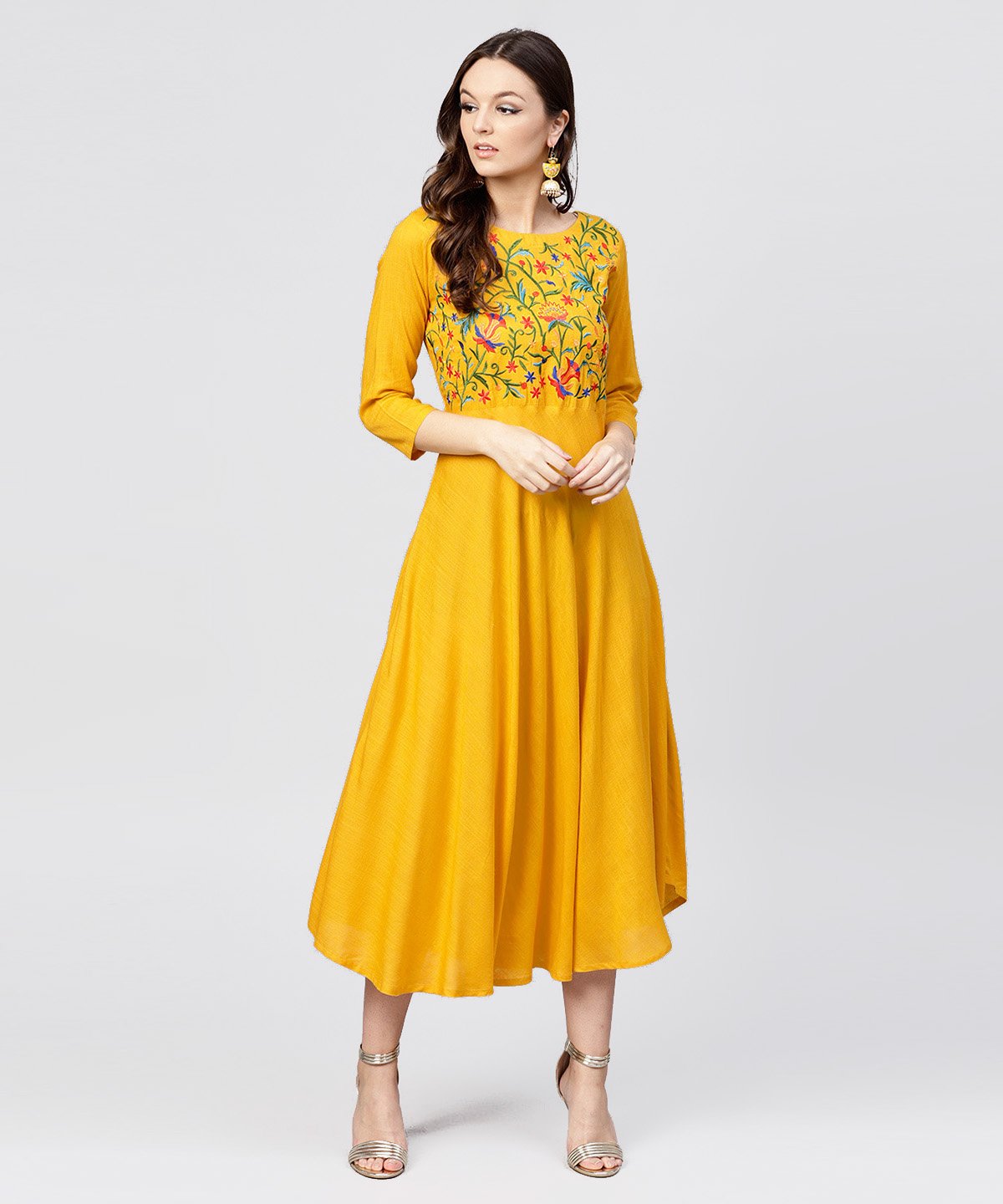 Women's Yellow Round Neck Embroidered Full Sleeves Rayon Maxi Dress - Nayo Clothing