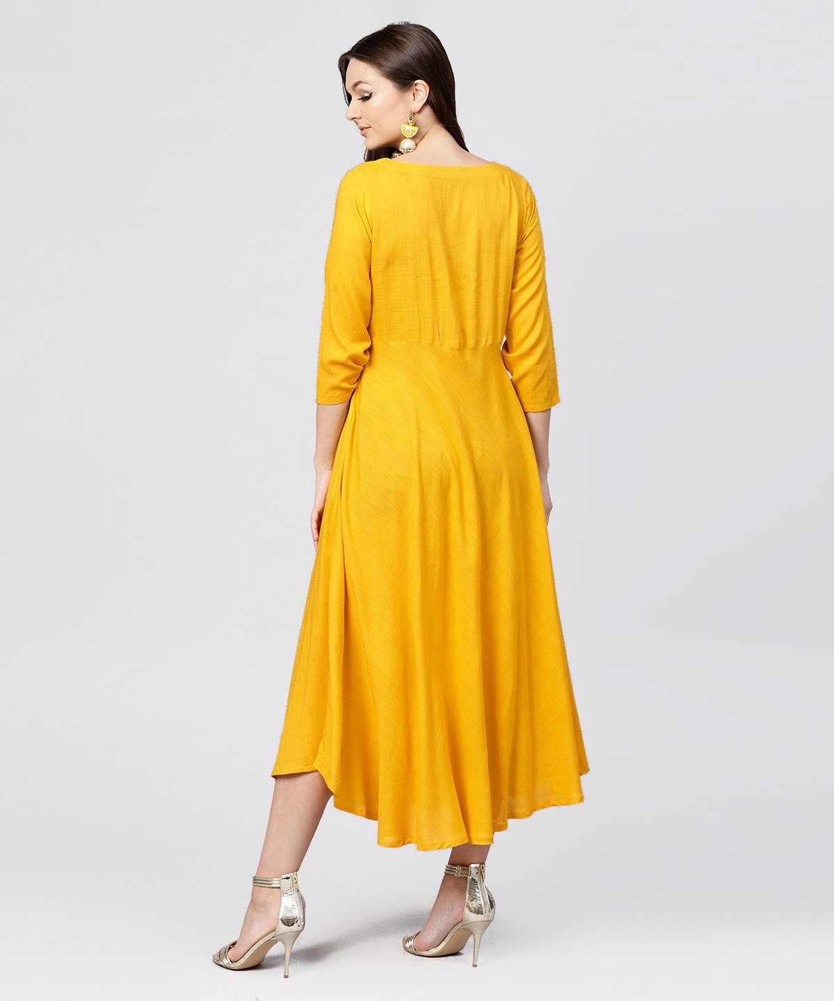 Women's Yellow Round Neck Embroidered Full Sleeves Rayon Maxi Dress - Nayo Clothing