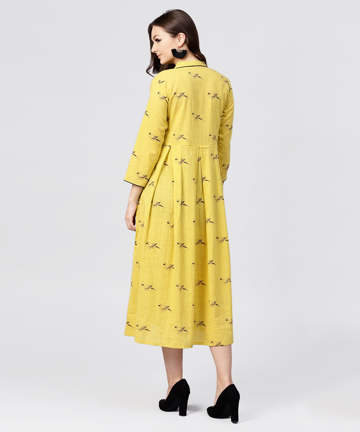 Women's Mustard Full Sleeves Cotton Maxi Dress With Madarin Collar And Front Placket - Nayo Clothing