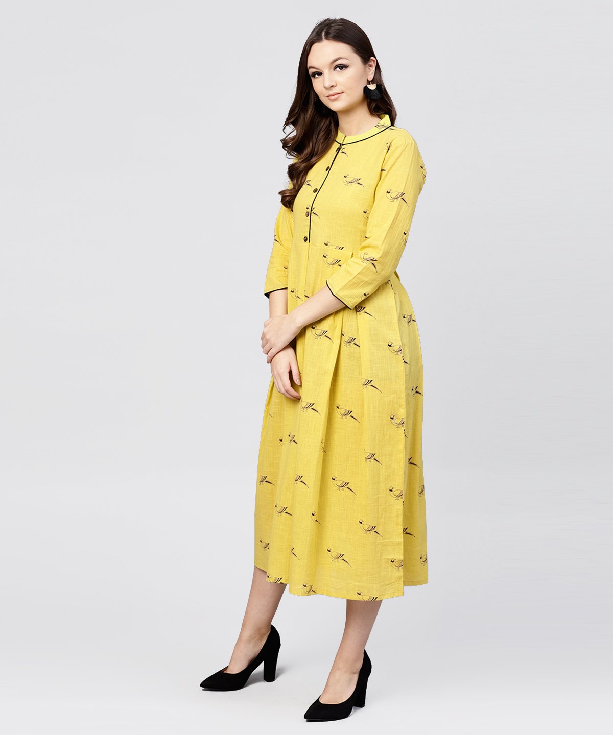 Women's Mustard Full Sleeves Cotton Maxi Dress With Madarin Collar And Front Placket - Nayo Clothing