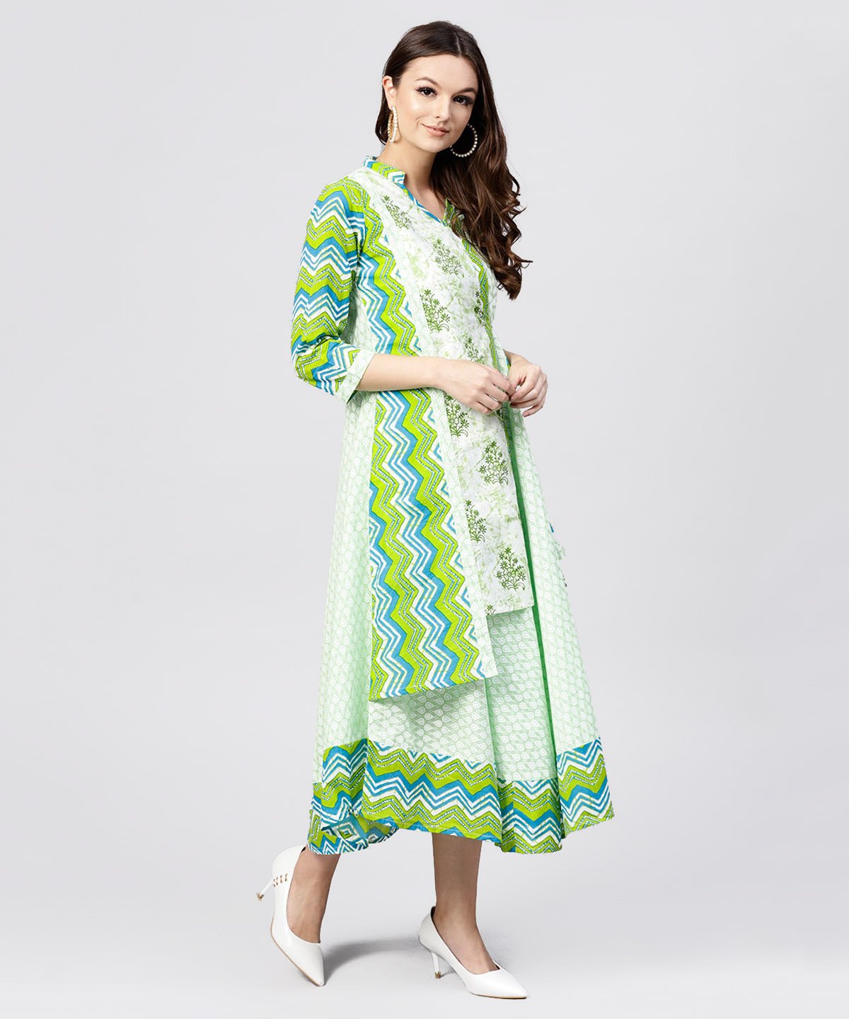 Women's Green Printed Cotton Angrakha Style Dress With  Madarin Collar Emblished With Tassels - Nayo Clothing