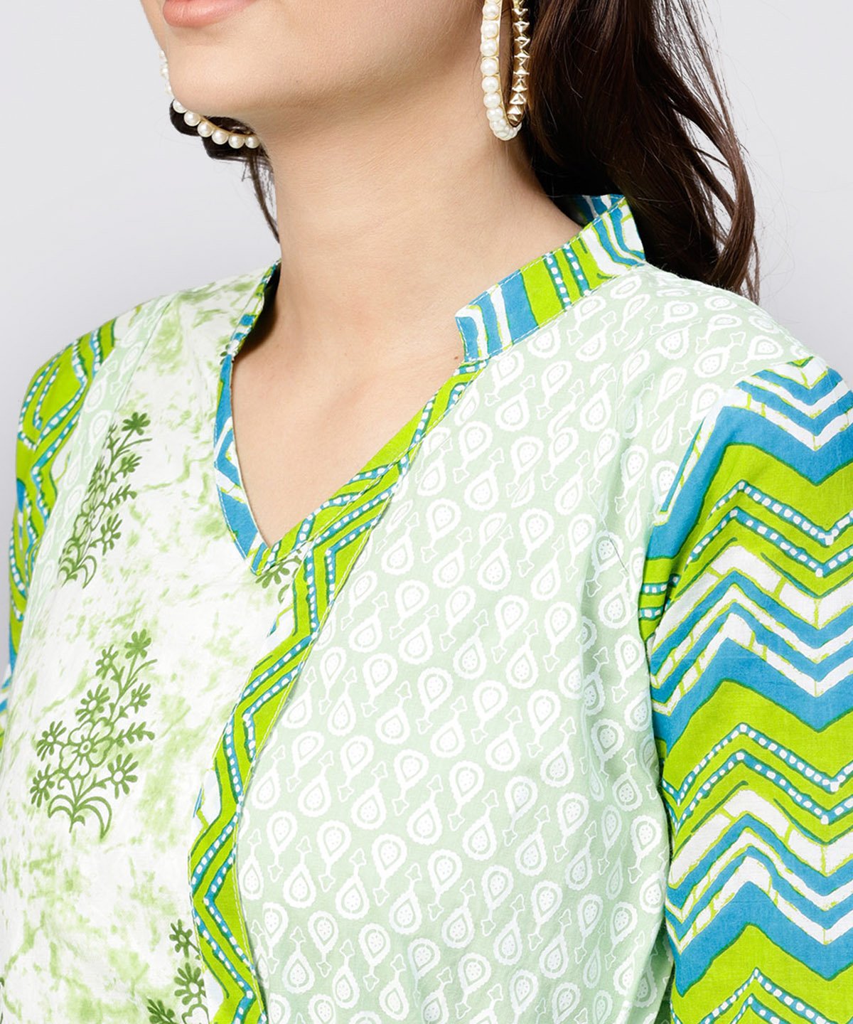 Women's Green Printed Cotton Angrakha Style Dress With  Madarin Collar Emblished With Tassels - Nayo Clothing