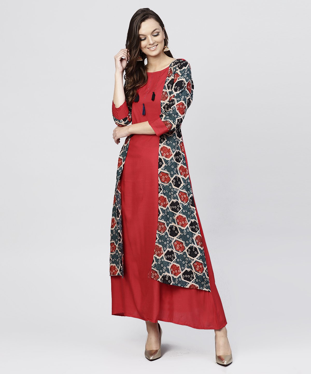 Women's Red Cotton Full Sleeves Kurti With An Attached Jacket And Emblished With Thread Work And Tassel - Nayo Clothing