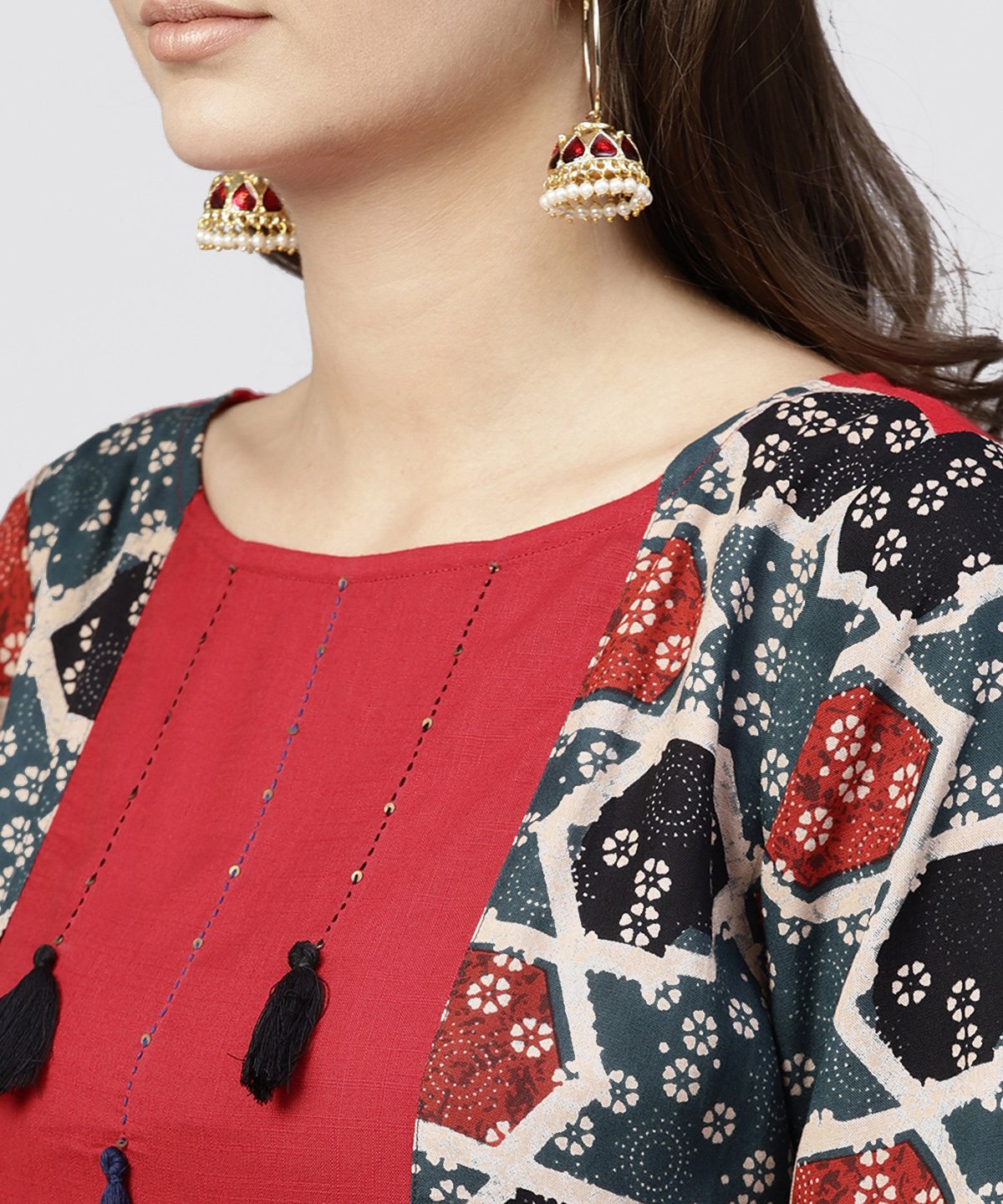 Women's Red Cotton Full Sleeves Kurti With An Attached Jacket And Emblished With Thread Work And Tassel - Nayo Clothing