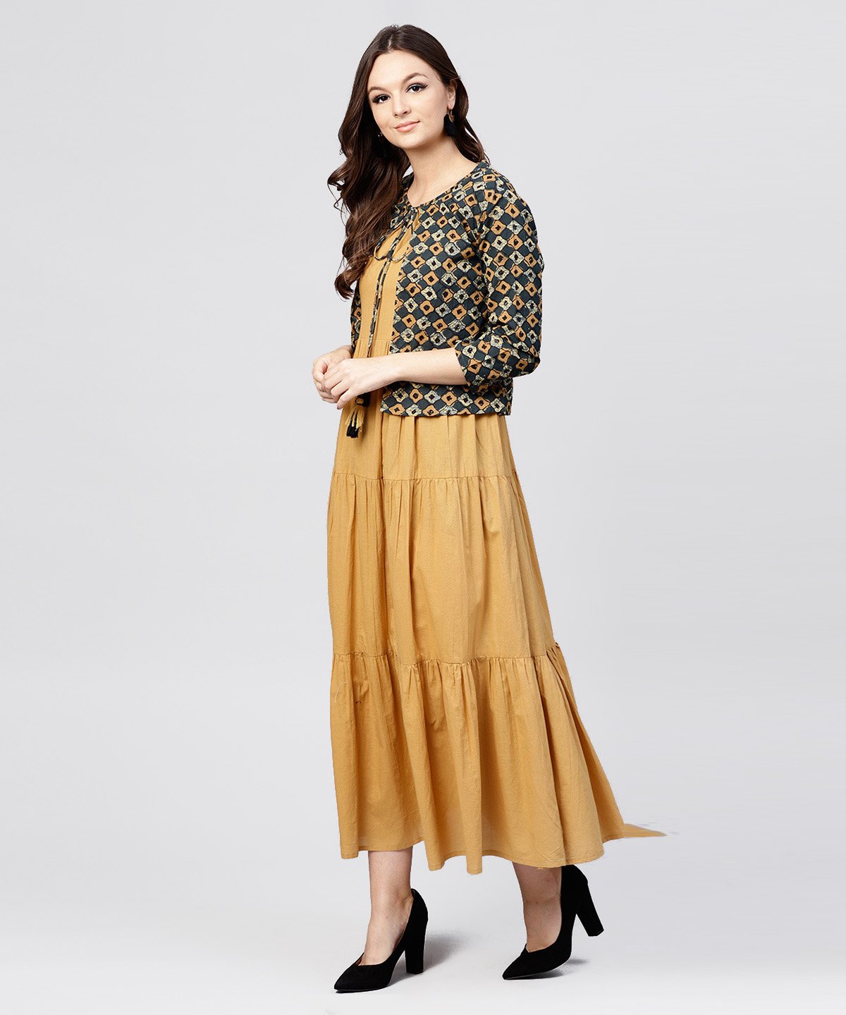 Women's Mustard Cotton Tiered Maxi Dress With Full Sleeves Short Jacket Emblished With Tassel - Nayo Clothing
