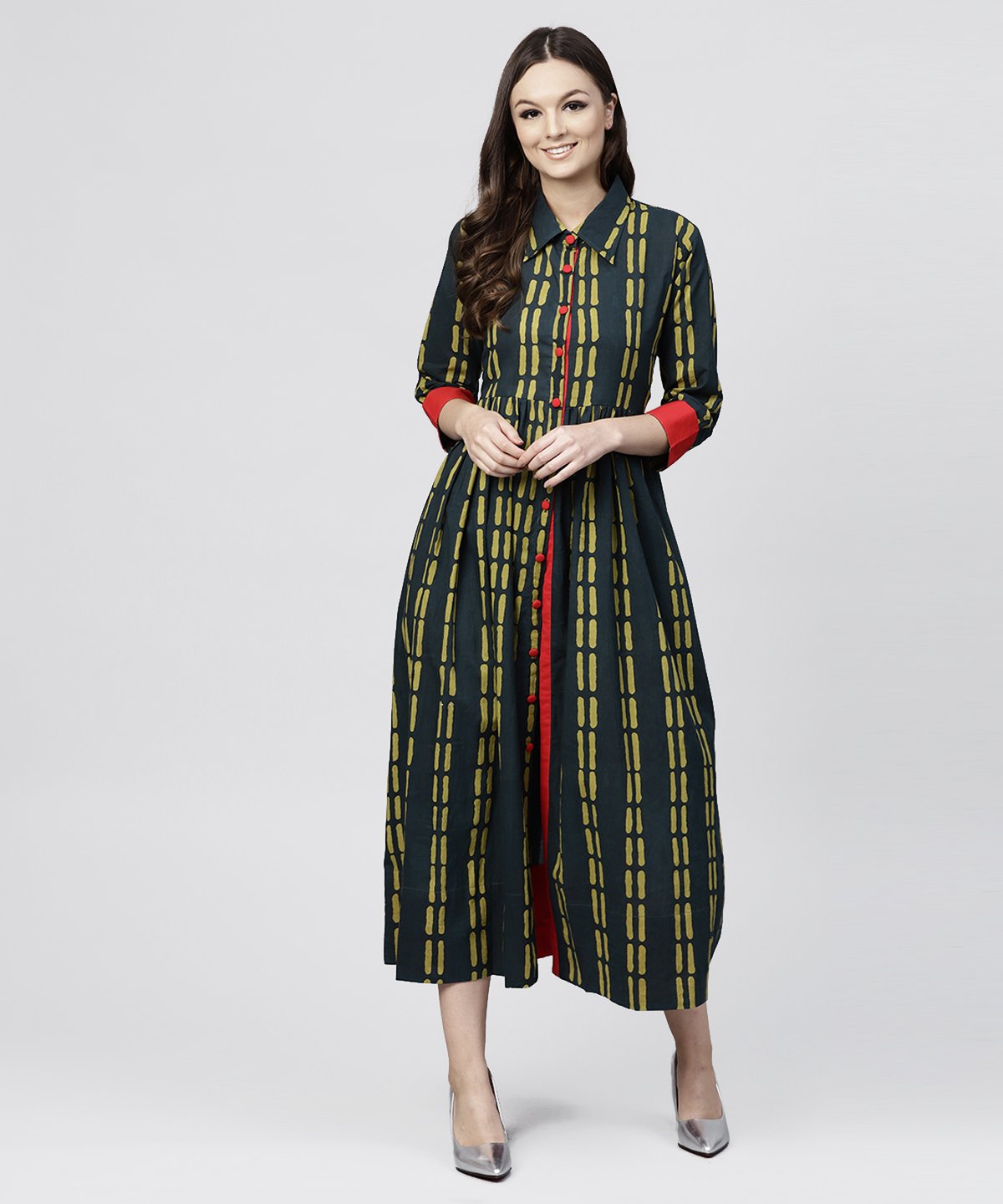 Women's Blue Cotton Printed 3/4 Sleeves Kurta With Shirt Collar And Front Placket - Nayo Clothing