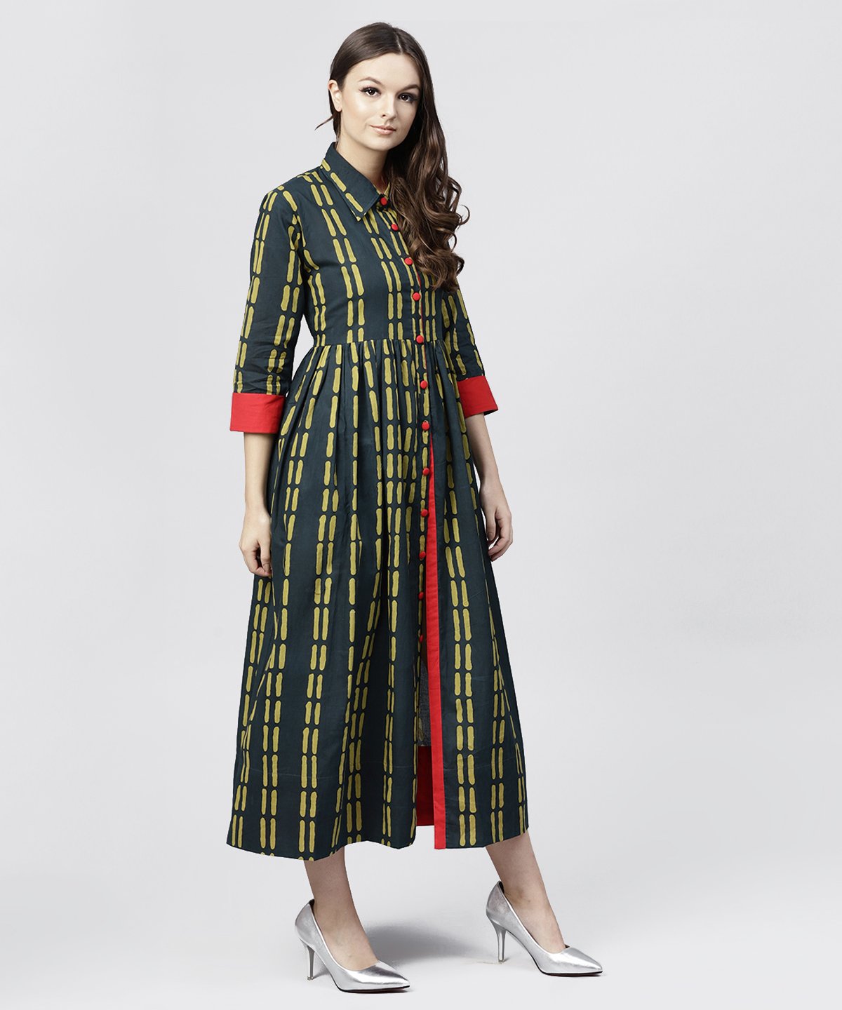 Women's Blue Cotton Printed 3/4 Sleeves Kurta With Shirt Collar And Front Placket - Nayo Clothing