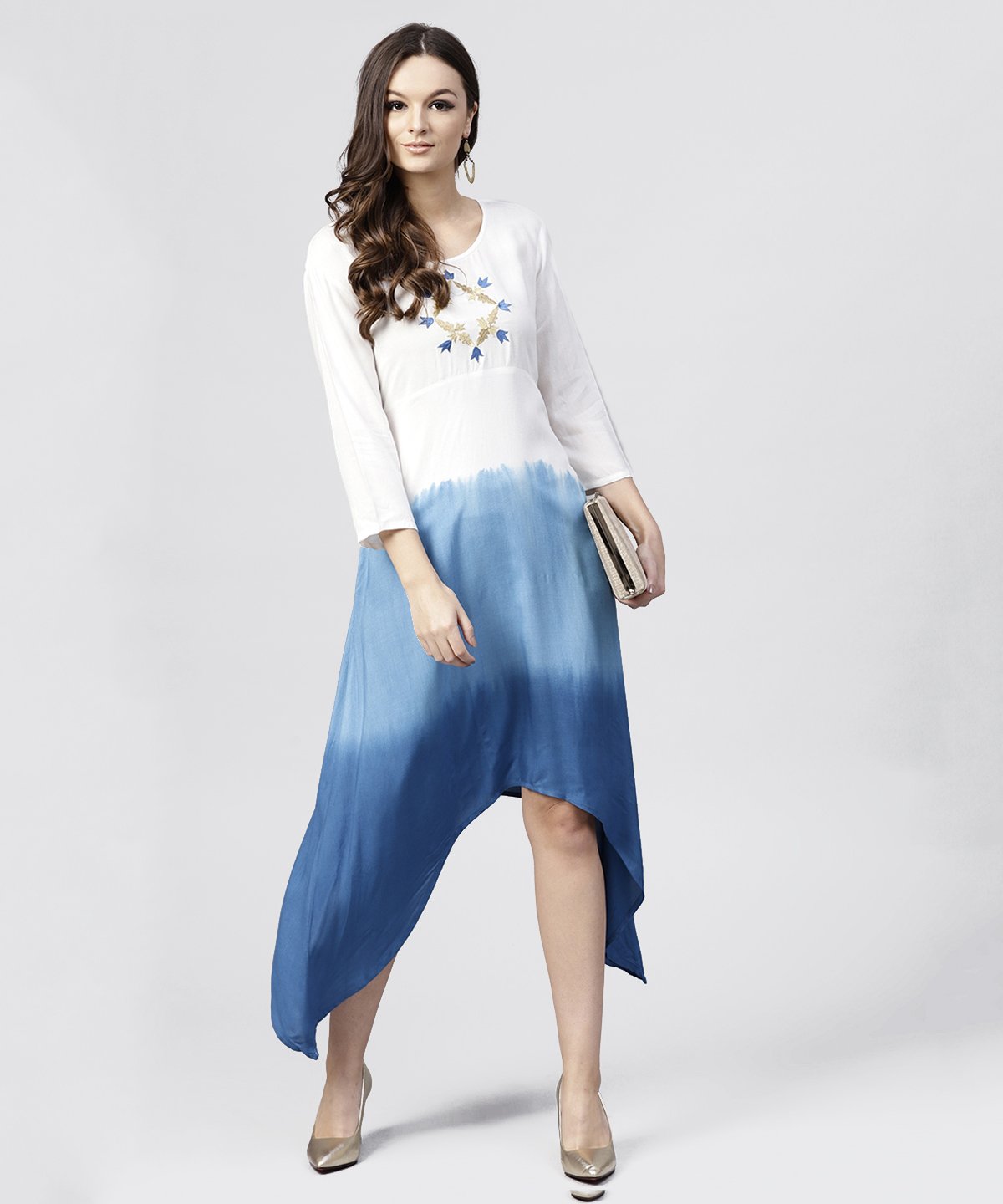 Women's White Rayon Asymmetric Maxi Dress Dyed Blue With 3/4 Sleeves - Nayo Clothing
