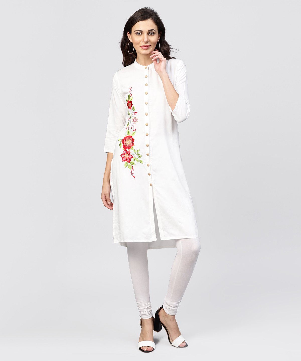 Women's Embroidered Off White Rayon Kurta With Madarin Collar - Nayo Clothing