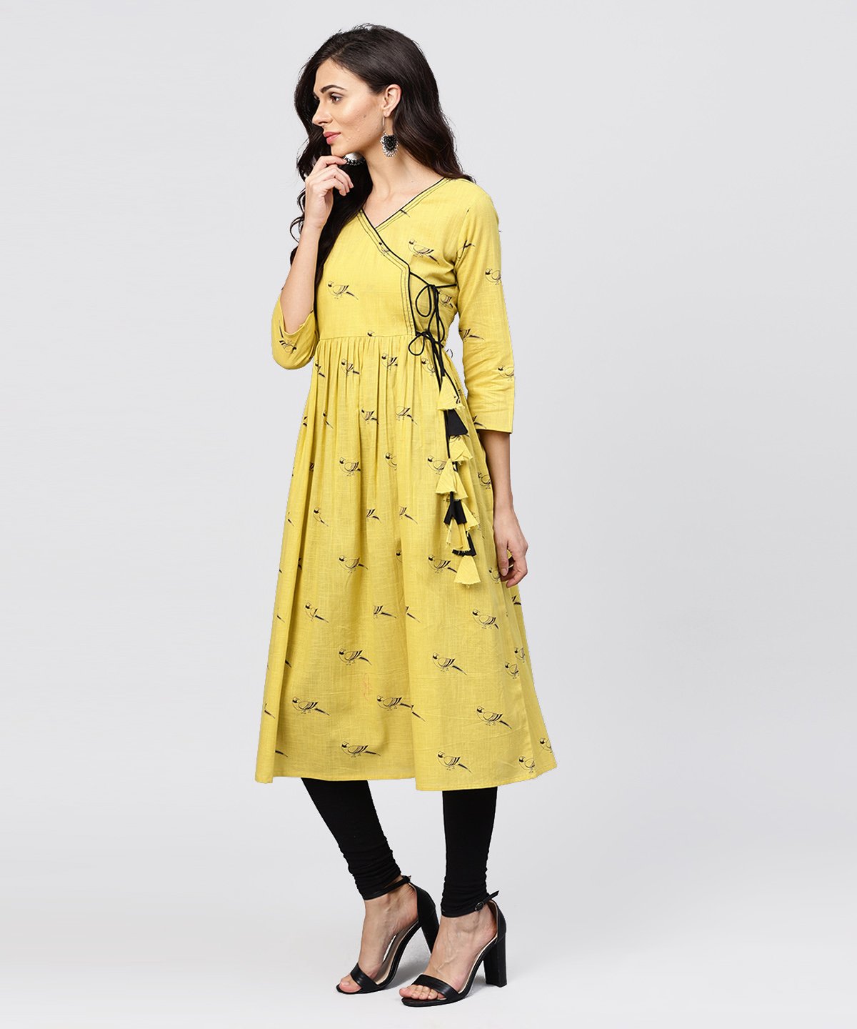 Women's Cotton Mustard Pleated Angrakha With V-Neck And Emblished With Tassel - Nayo Clothing