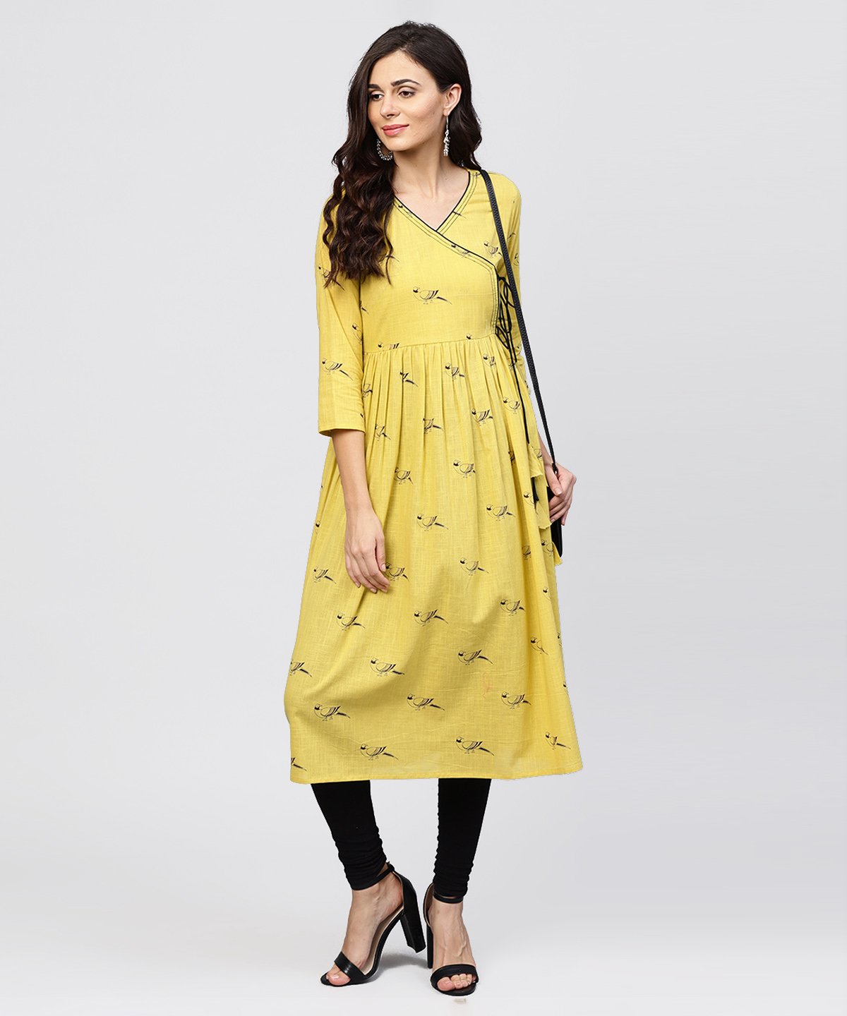 Women's Cotton Mustard Pleated Angrakha With V-Neck And Emblished With Tassel - Nayo Clothing