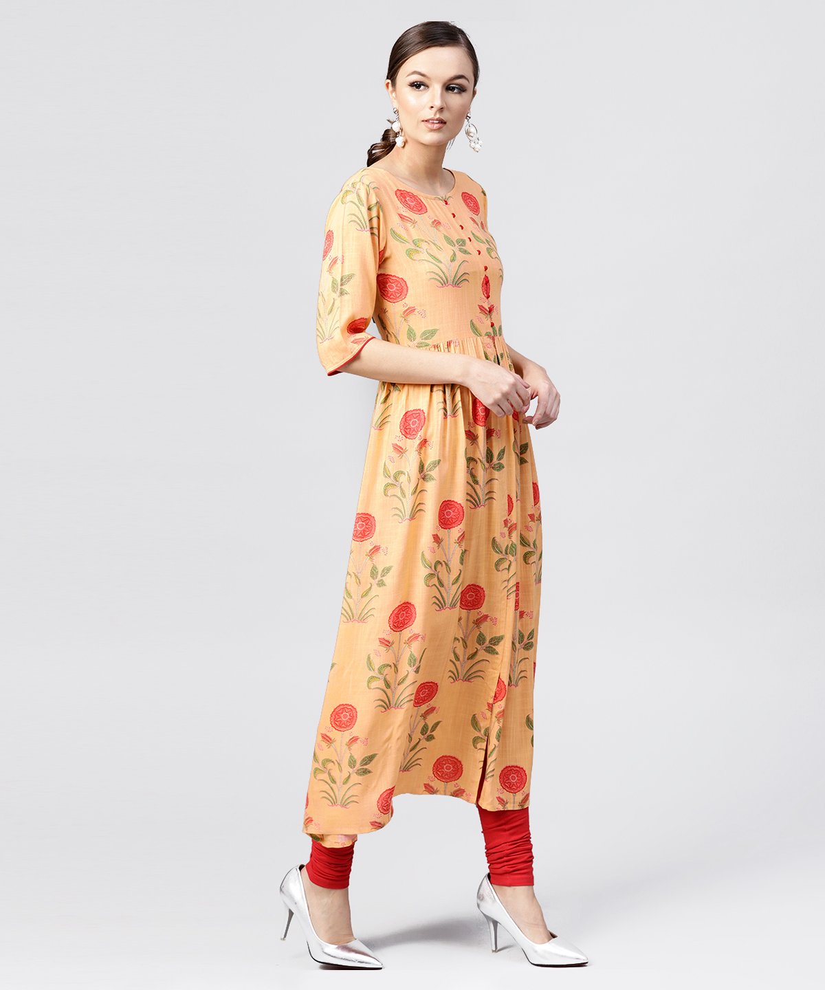 Women's Peach Rayon Calf Length Kurta With Round Neck Front Placket - Nayo Clothing