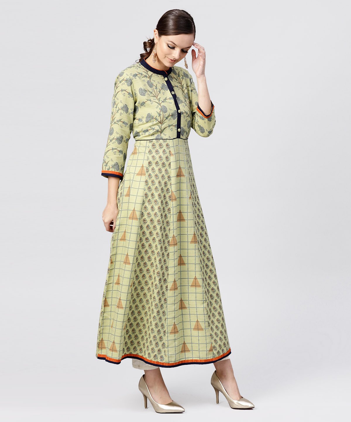 Women's Pastel Green Printed Panelled Khadi Kurta With Madarin Collar And Front Placket - Nayo Clothing