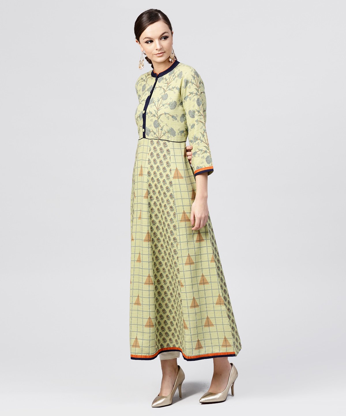 Women's Pastel Green Printed Panelled Khadi Kurta With Madarin Collar And Front Placket - Nayo Clothing