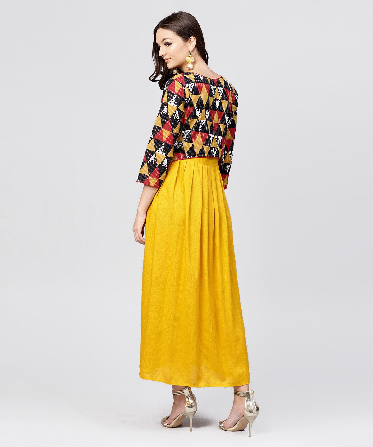 Women's Bright Yellow Rayon A-Line Box Pleated Maxi With Attached Jacket Till Yoke And Emblished With Tassels - Nayo Clothing