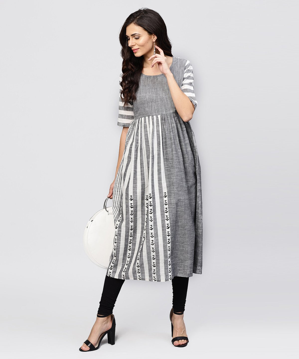 Women's Grey And White Stripes Handloom Calf Length Kurta With Round Neck And Half Sleeves - Nayo Clothing